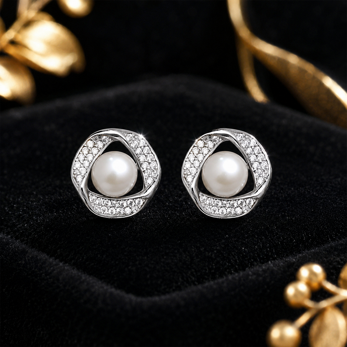 Pearl Twist Halo Stud Earrings. Sterling Silver 925 Hallmarked British Made