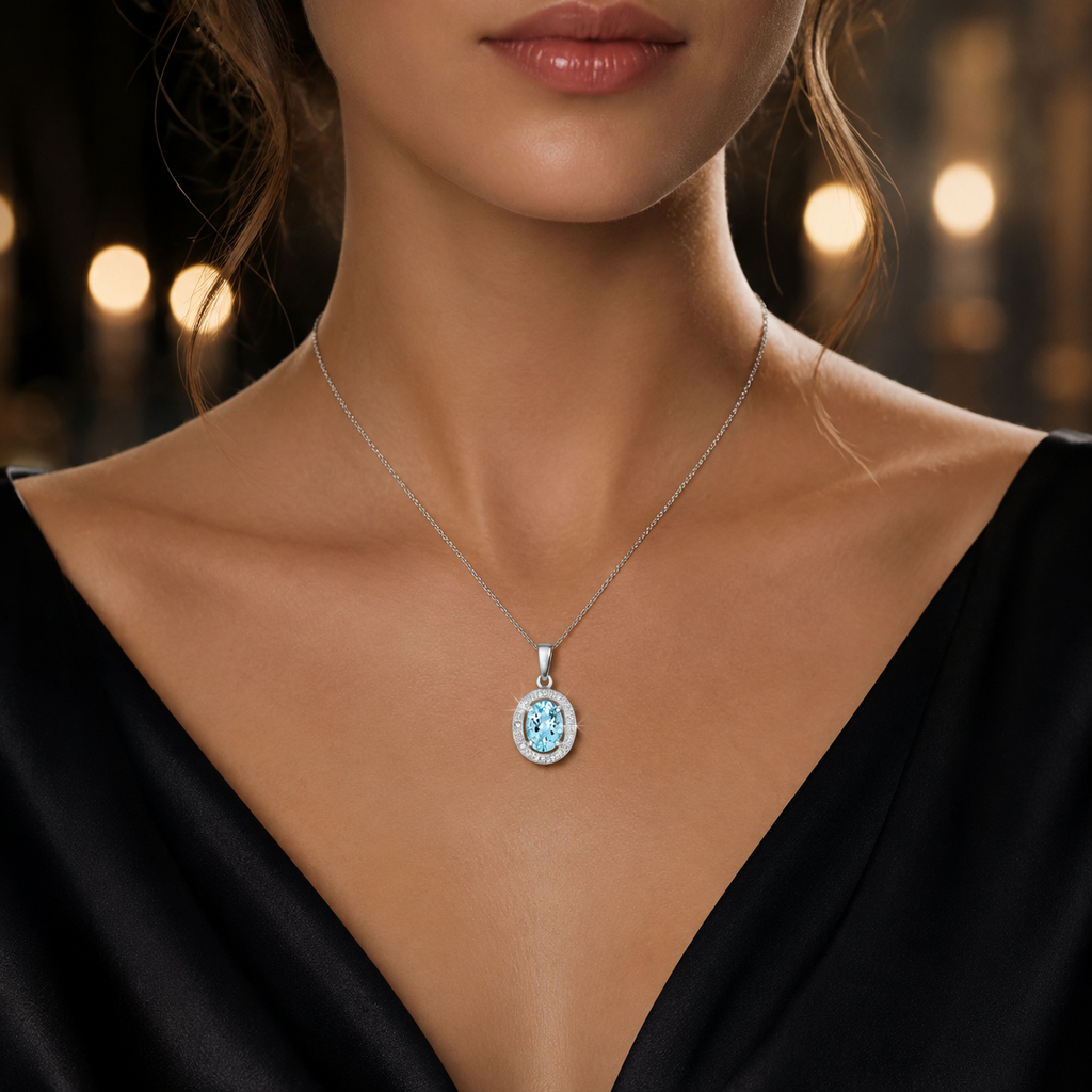 Oval Aquamarine Diamond Pendant 9ct White Gold 375 Hallmarked Chain Lengths
