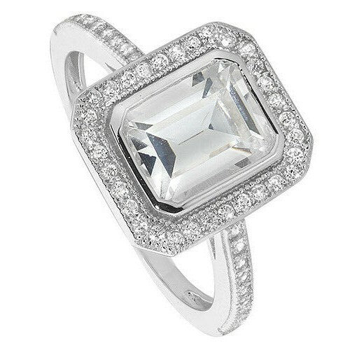 Sterling Silver Halo Ring Engagement Emerald Cut Gemstone 925 Hallmark Size M-R
