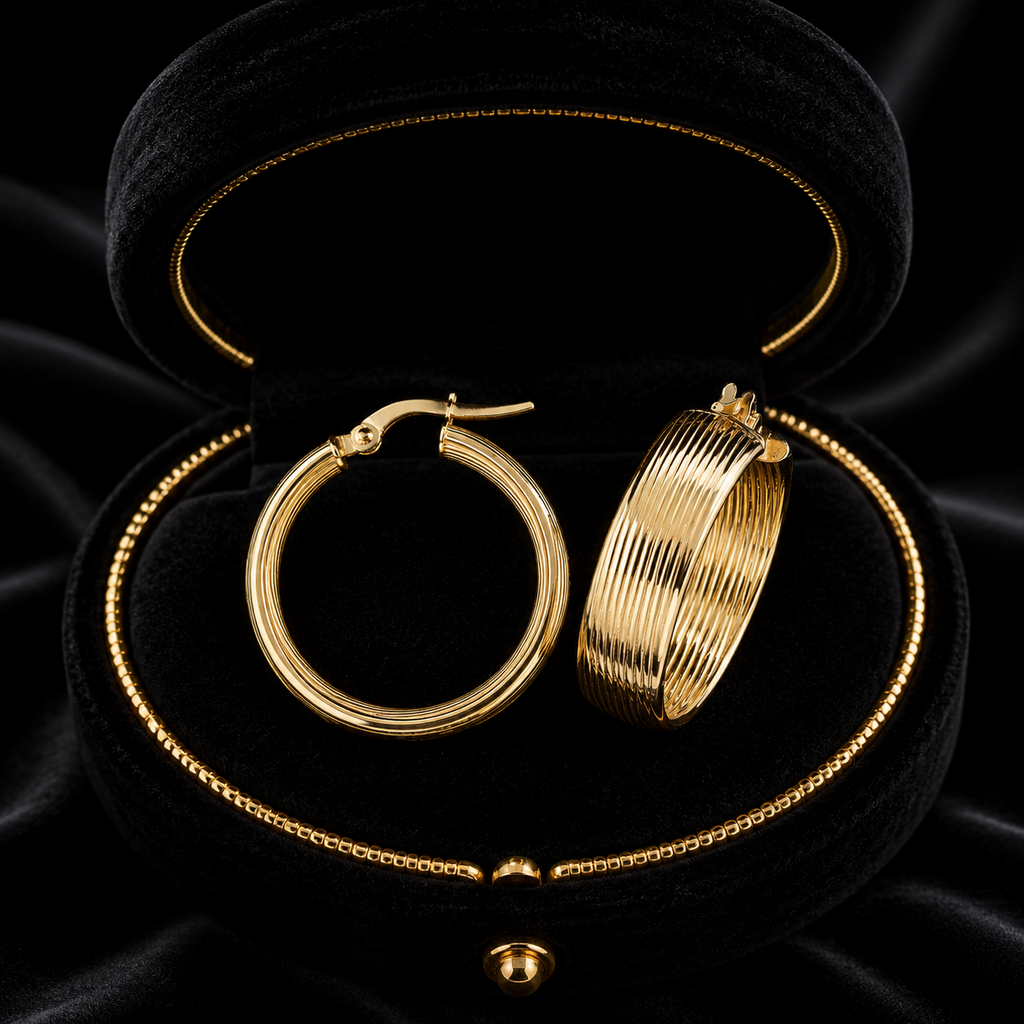 9ct Yellow Gold Ribbed Hoop Earrings 375 Hallmarked 10mm - 30mm Diameter
