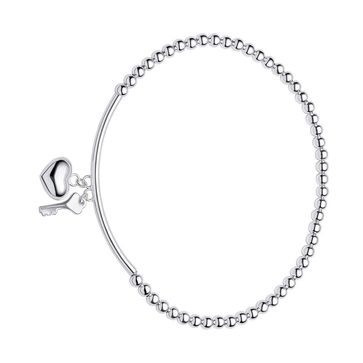Heart & Key Stretch Bracelet Sterling Silver 925 Hallmarked Brand New Boxed
