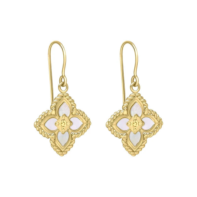 Mother Of Pearl Floral Drop Earrings 9ct Yellow Gold 375 Hallmarked British Made