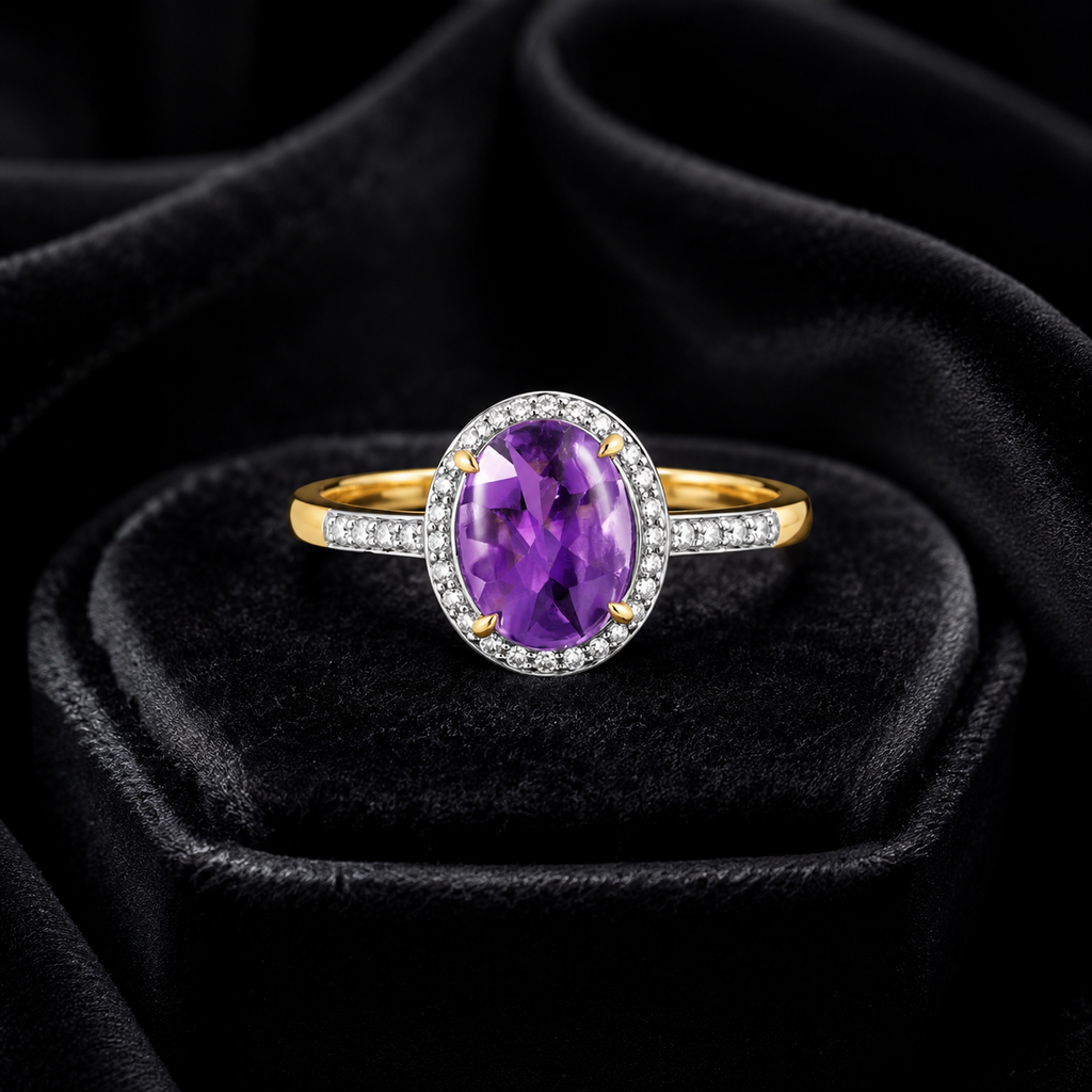 Halo Amethyst Diamond Ring 9ct Multi Tone Gold 375 Hallmarked Sizes J - Q