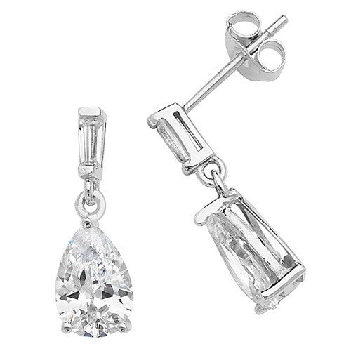 Pear-Cut & Baguette Drop Earrings Sterling Silver 925 Hallmarked Brand New Boxed