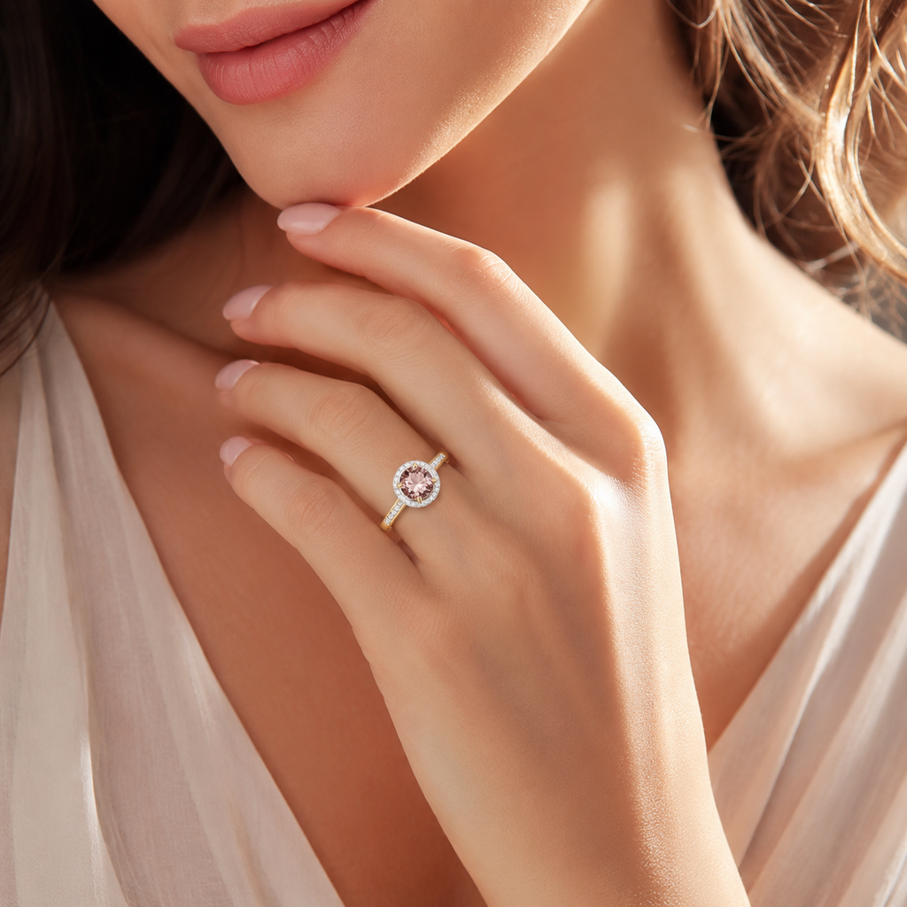 Round Halo Morganite Diamond Ring 9ct 2 Tone Gold 375 Hallmarked Sizes J - Q