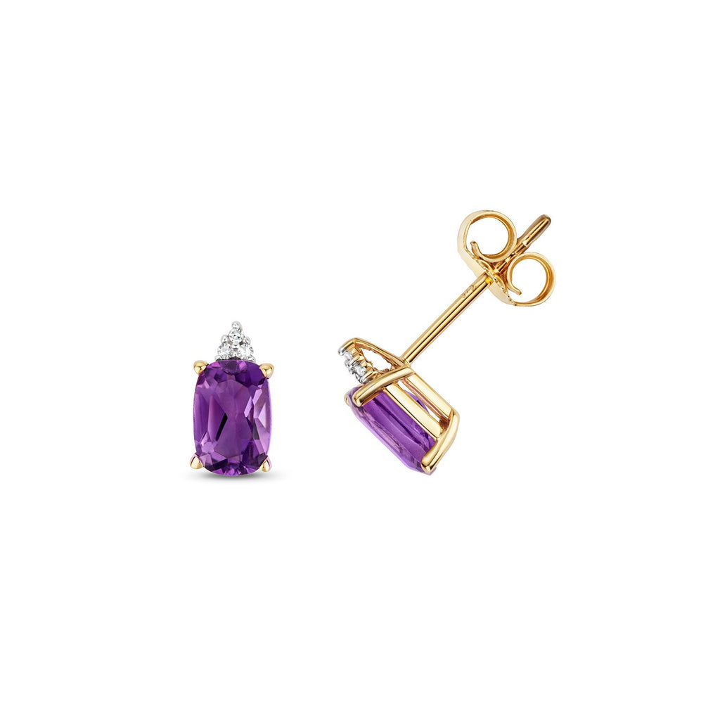 Natural Oval Amethyst Diamond Stud Earrings 9ct Yellow Gold 375 Hallmarked