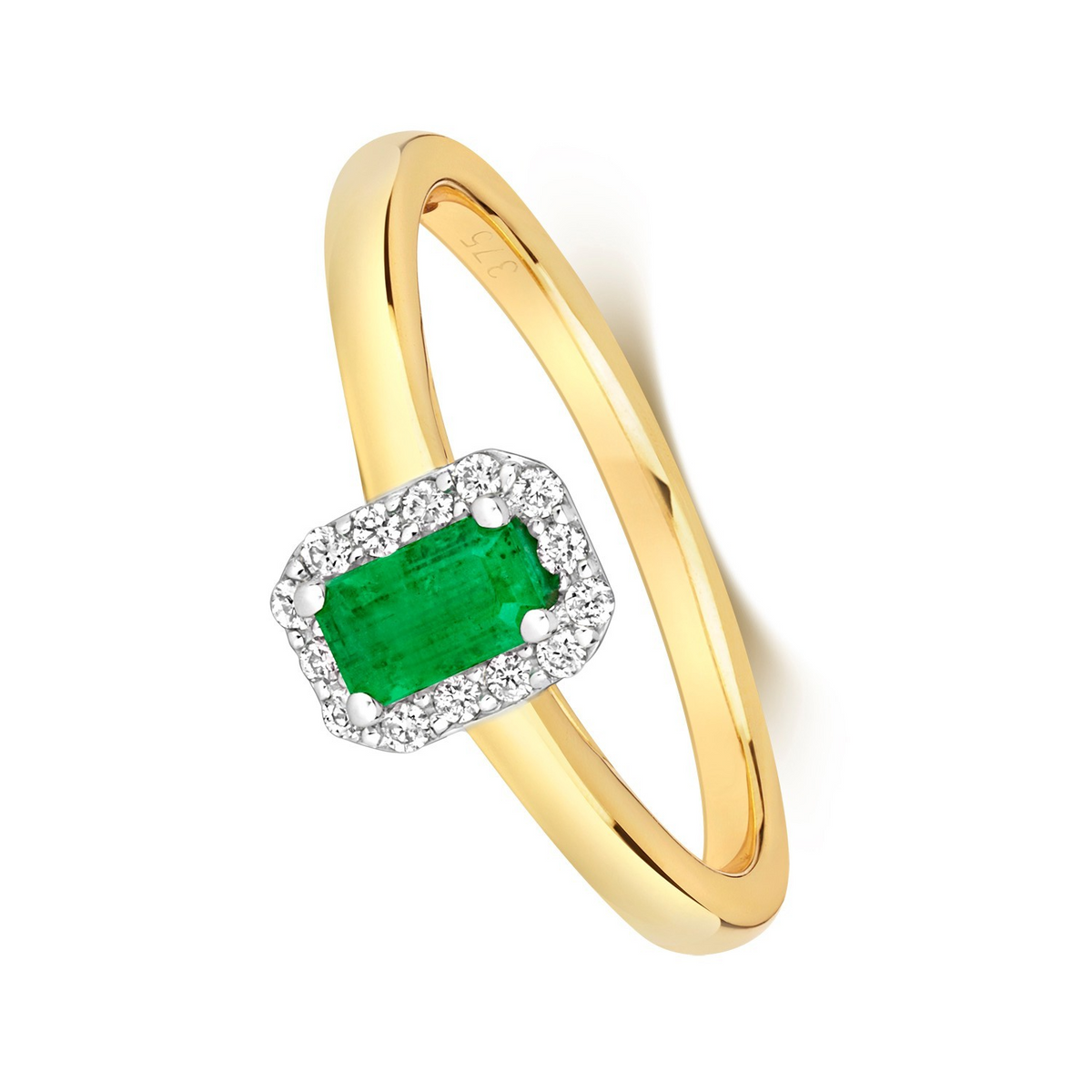 Octagon Emerald Diamond Halo Ring 9ct Gold 375 Hallmarked J - Q British Made