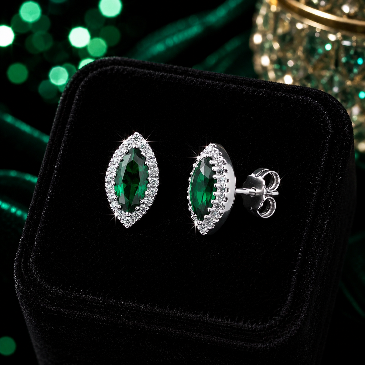 Natural Emerald Marquise Earrings Sterling Silver 925 Hallmarked British Made