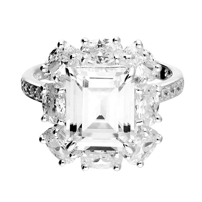 Empire Baguette Halo Ring Sterling Silver 925 Hallmarked British Made Size M - R
