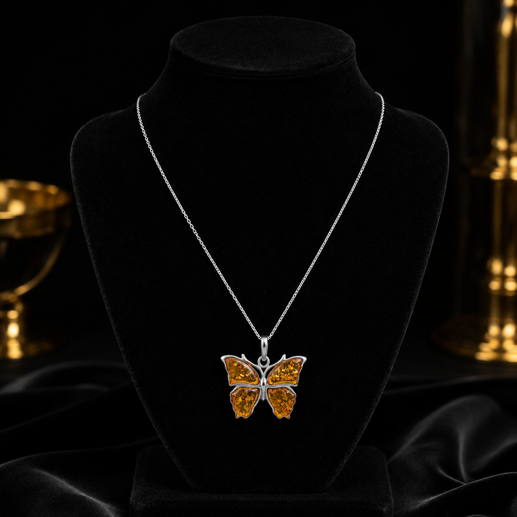 Statement Butterfly Amber Pendant Sterling Silver 925 Hallmark All Chain Lengths