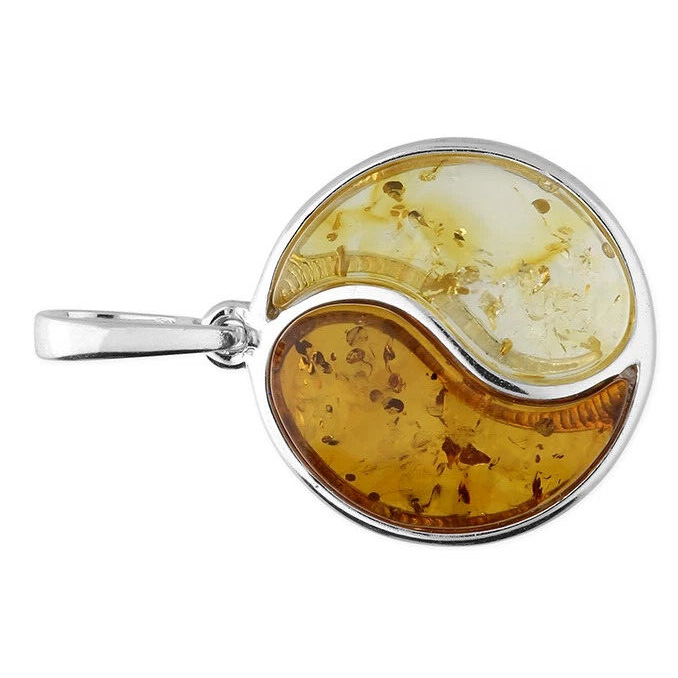 Ying Yang Chinese Amber Pendant Sterling Silver 925 Hallmarked All Chain Lengths