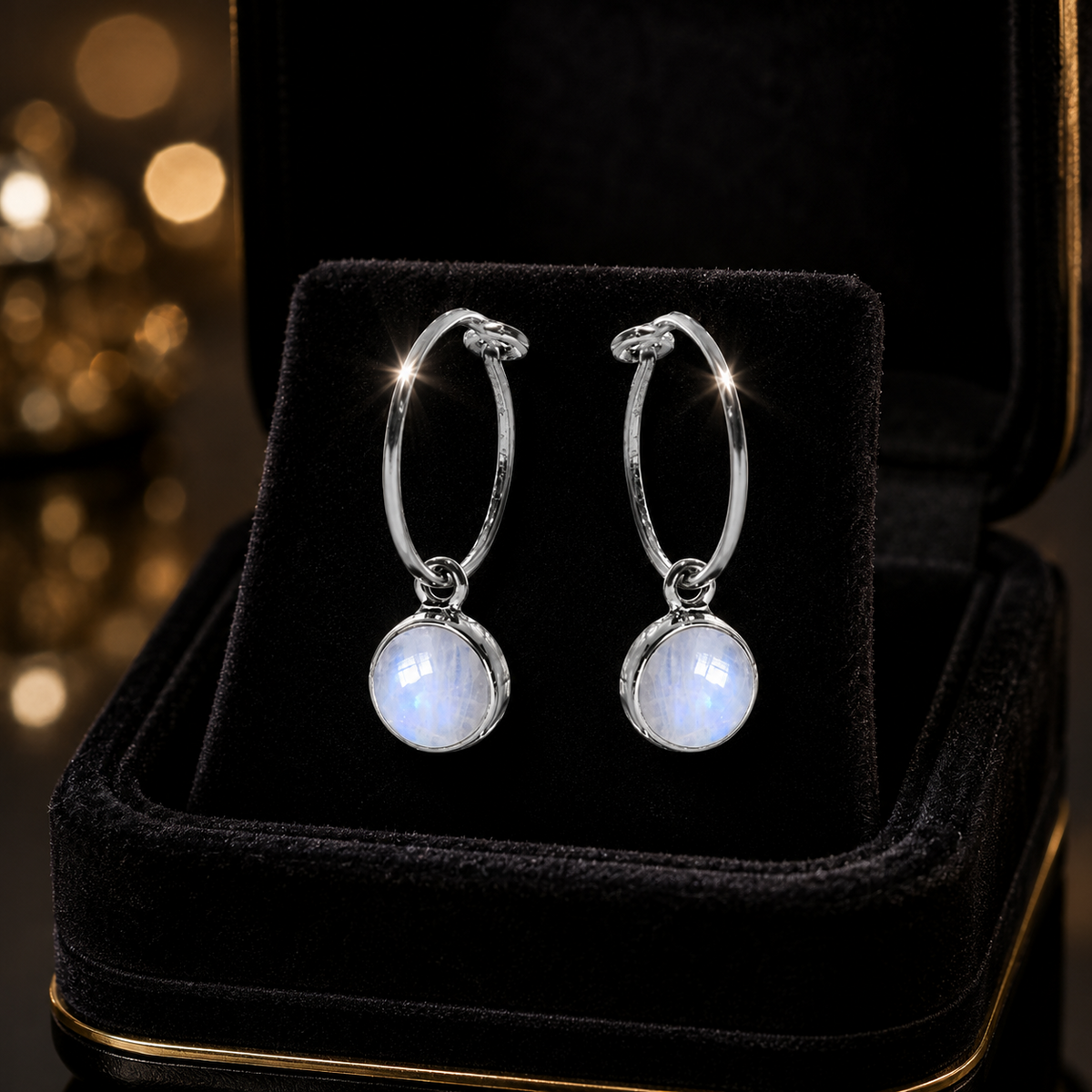Round Moonstone Hoop Earrings Sterling Silver 925 Hallmarked Brand New Boxed