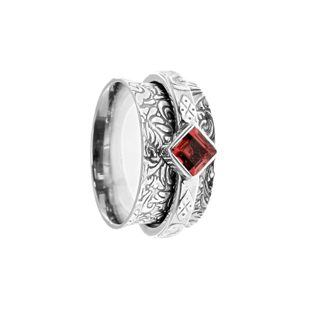 Flush Garnet Ornate Spinner Ring Sterling Silver 925 Hallmarked Size K - T