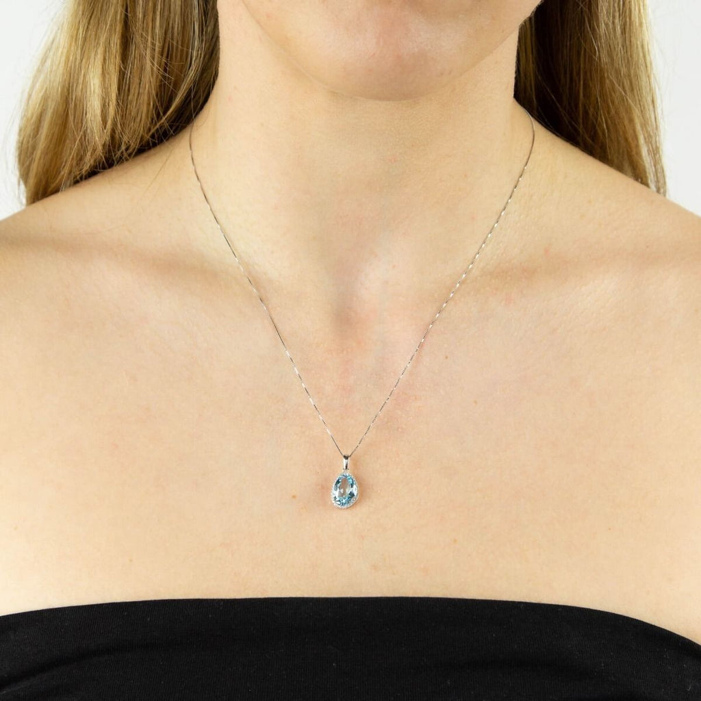 Organic Blue Topaz and Diamond Pendant 9ct White Gold 375 Hallmark British Made