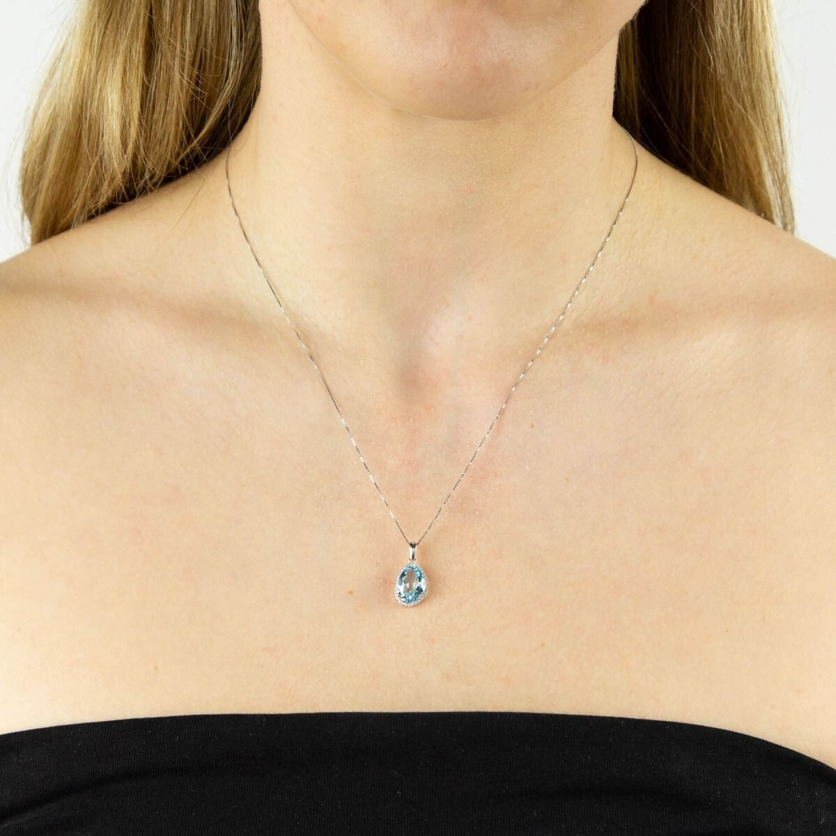 Organic Blue Topaz and Diamond Pendant 9ct White Gold 375 Hallmark British Made