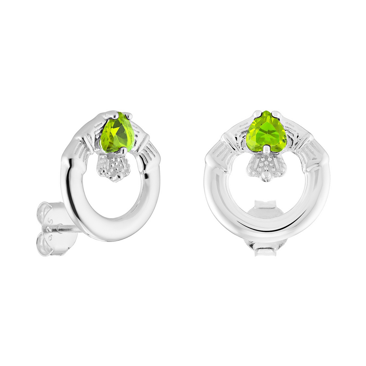 Peridot Claddagh Stud Earrings Sterling Silver 925 Hallmarked British Made
