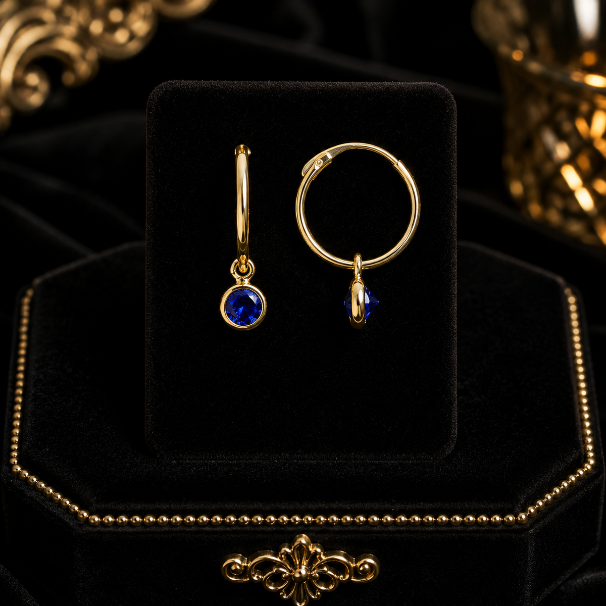 Hinged Sleeper Sapphire Hoop Earrings 9ct Yellow Gold 375 Hallmarked Brand New