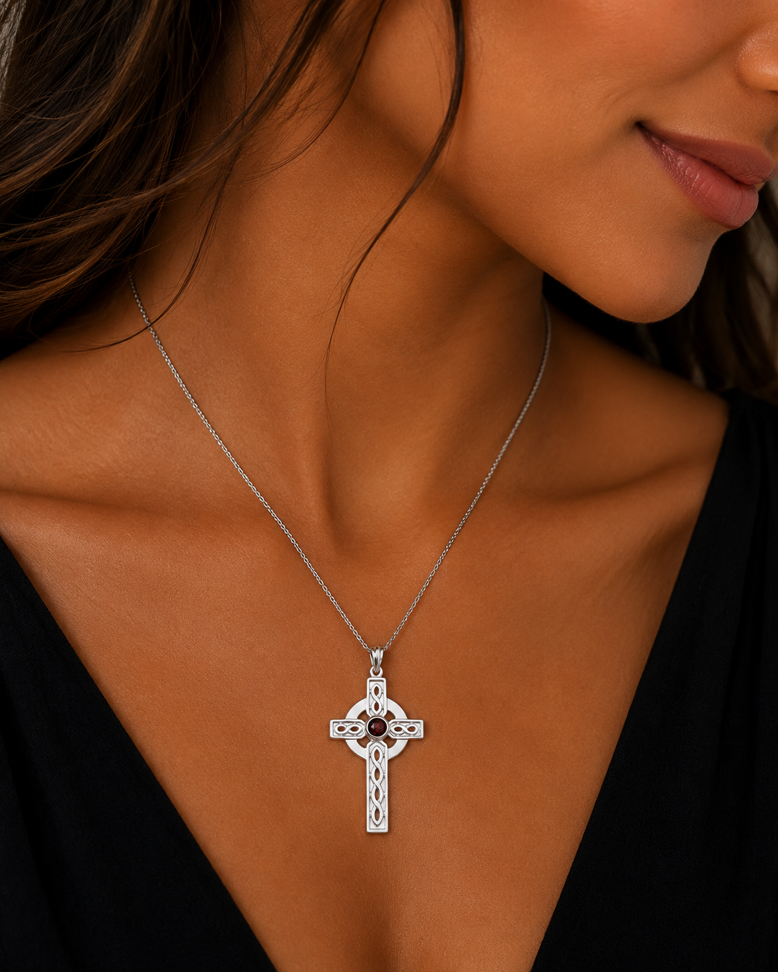 Celtic Garnet Cross Sterling Silver 925 Hallmark British Made All Chain Lengths