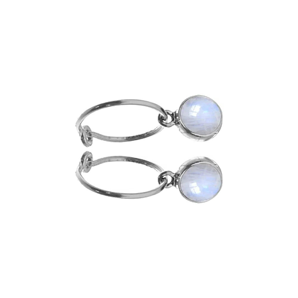 Round Moonstone Hoop Earrings Sterling Silver 925 Hallmarked Brand New Boxed
