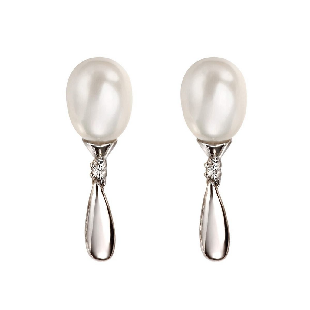 Freshwater Pearl/Diamond Drop Earrings 9ct White Gold 375 Hallmark British Made