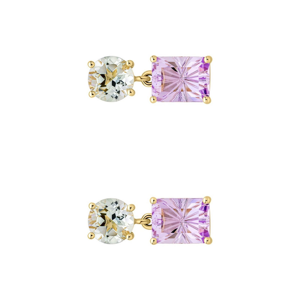 Amethyst & Quartz Drop Earrings 9ct Yellow Gold 375 Hallmarked British Made