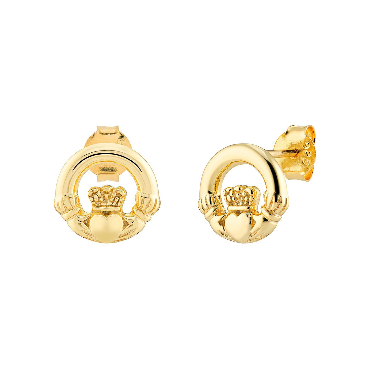 Claddagh Earrings 9ct Yellow Gold Plated On Sterling Silver Hallmarked Brand New