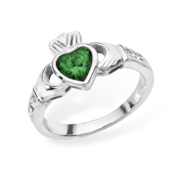 Sterling Silver Emerald Ring Claddagh May Stone 925 Hallmarked Size J - R