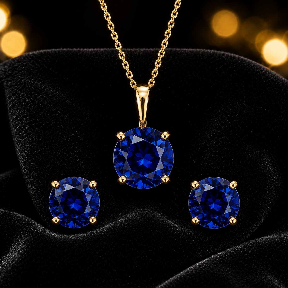 Sapphire Pendant and Earrings Set Solid Yellow Gold Solitaire 18" Chain Hallmark