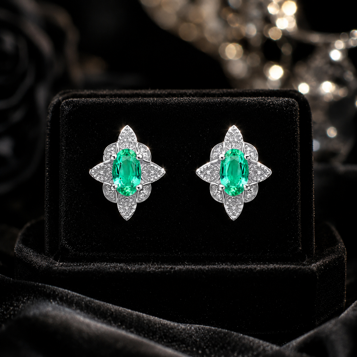 Oval Emerald Vinatge Stud Earrings 9ct White Gold 375 Hallmarked British Made