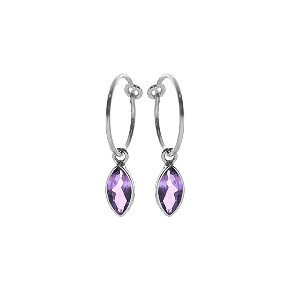 Marquise Amethyst Drop Hoop Earrings Sterling Silver 925 Hallmarked Brand New