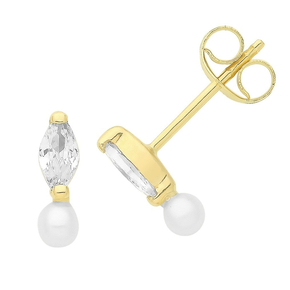 Marquise Natural Pearl Stud Earrings 9ct Yellow Gold 375 Hallmarked Brand New