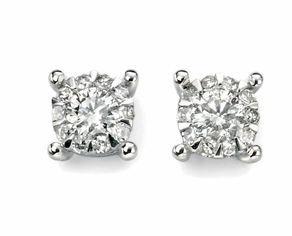 Natural Diamond Cluster Stud Earrings in 9ct White Gold British Made Brand New