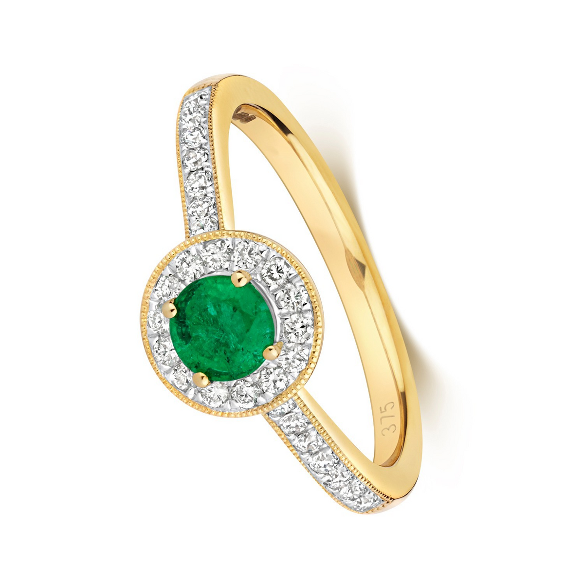 Round Cluster Emerald Diamond Halo Ring 9ct Gold 375 Hallmark J - Q British Made