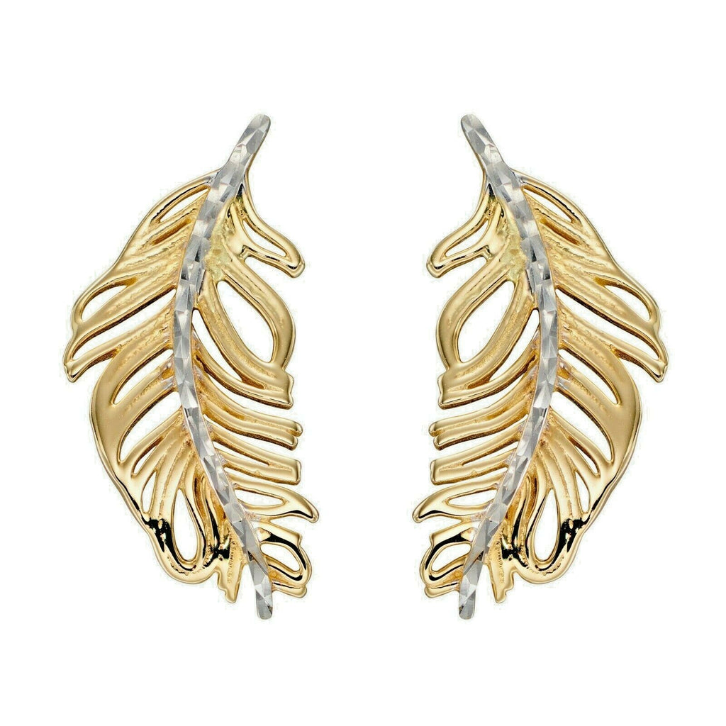 9ct Gold Feather Earrings In Yellow/White Gold Hallmark British Made Brand New