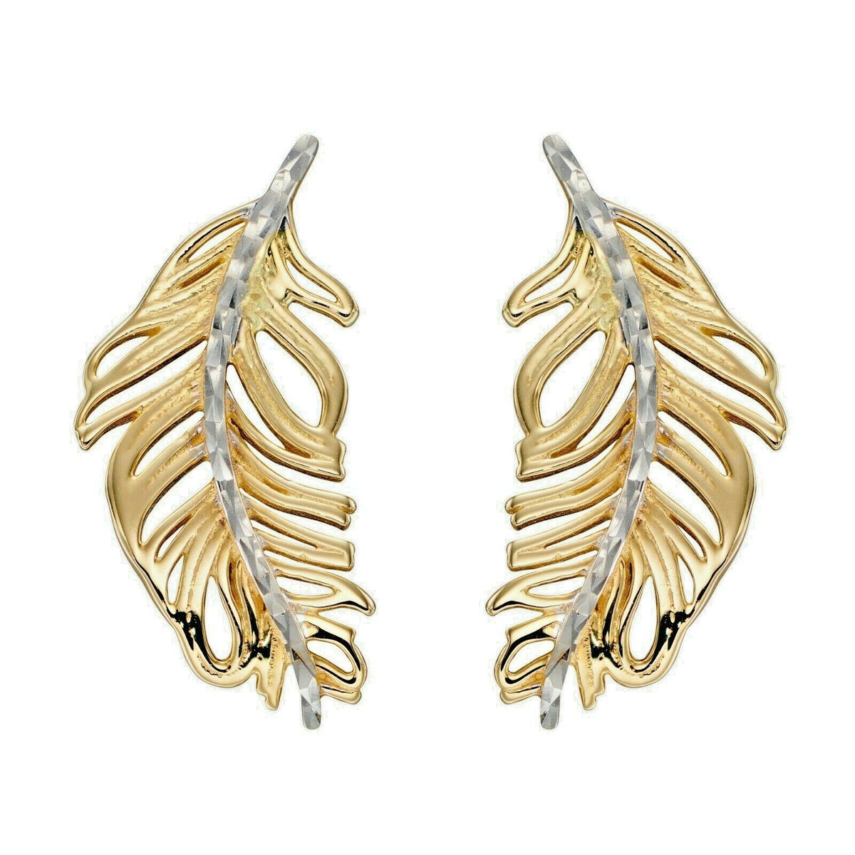 9ct Gold Feather Earrings In Yellow/White Gold Hallmark British Made Brand New