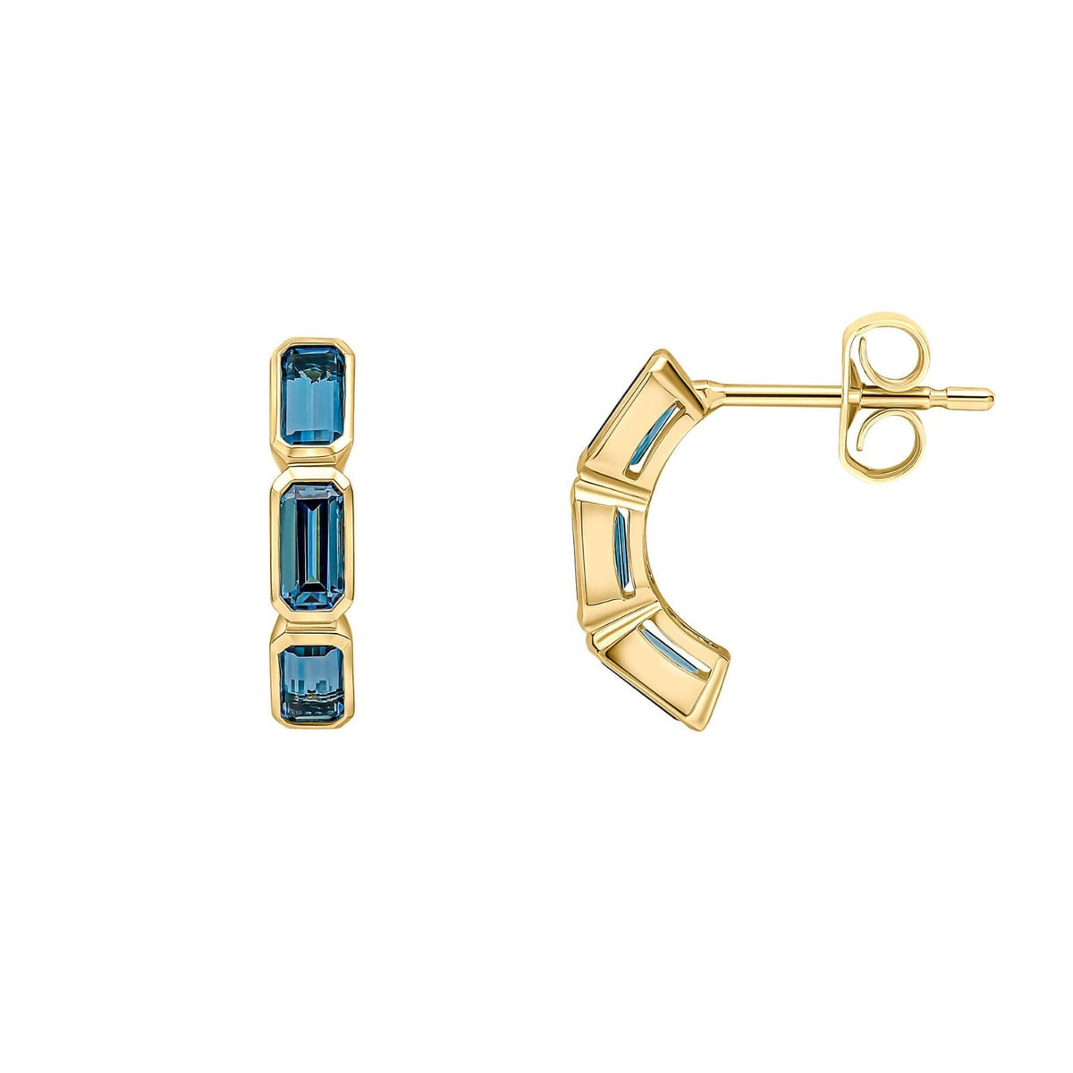 Elongated Blue Topaz Half Hoop Earrings 9ct Yellow Gold 375 Hallmarked