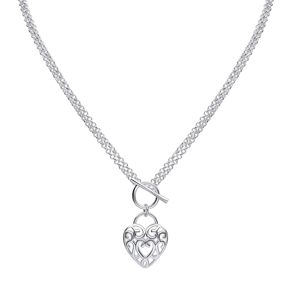 Filigree Heart T Bar Necklace Sterling Silver 925 Hallmarked Brand New