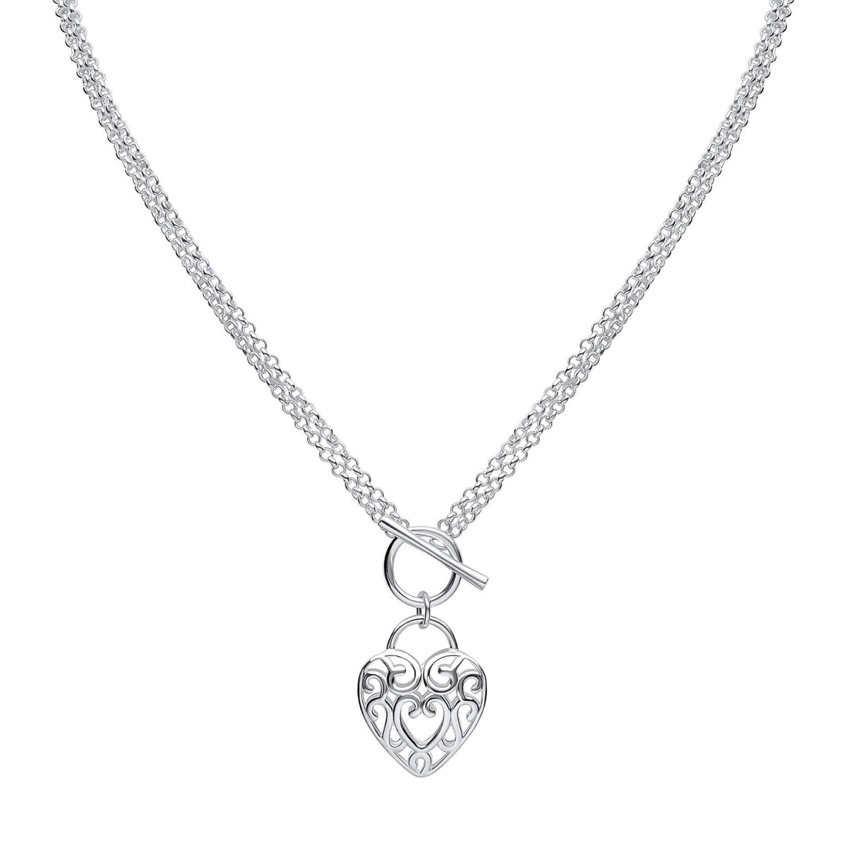 Filigree Heart T Bar Necklace Sterling Silver 925 Hallmarked Brand New