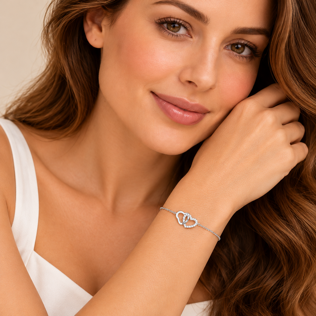 Ladies Pave Double Heart Bracelet Sterling Silver 925 Hallmarked Brand New Boxed