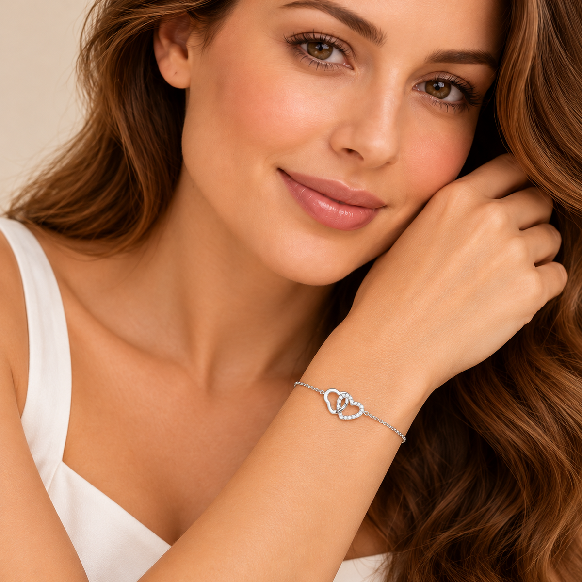 Ladies Pave Double Heart Bracelet Sterling Silver 925 Hallmarked Brand New Boxed