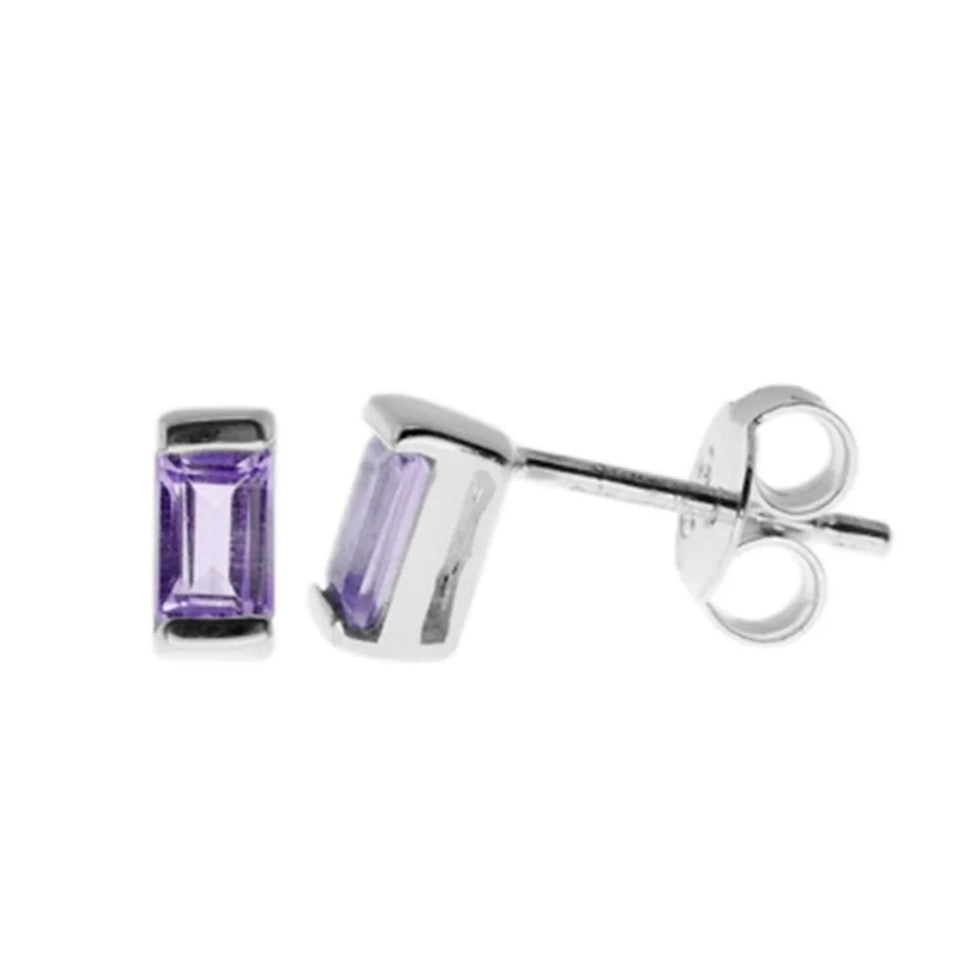 Baguette Natural Amethyst Stud Earrings Sterling Silver 925 Hallmarked