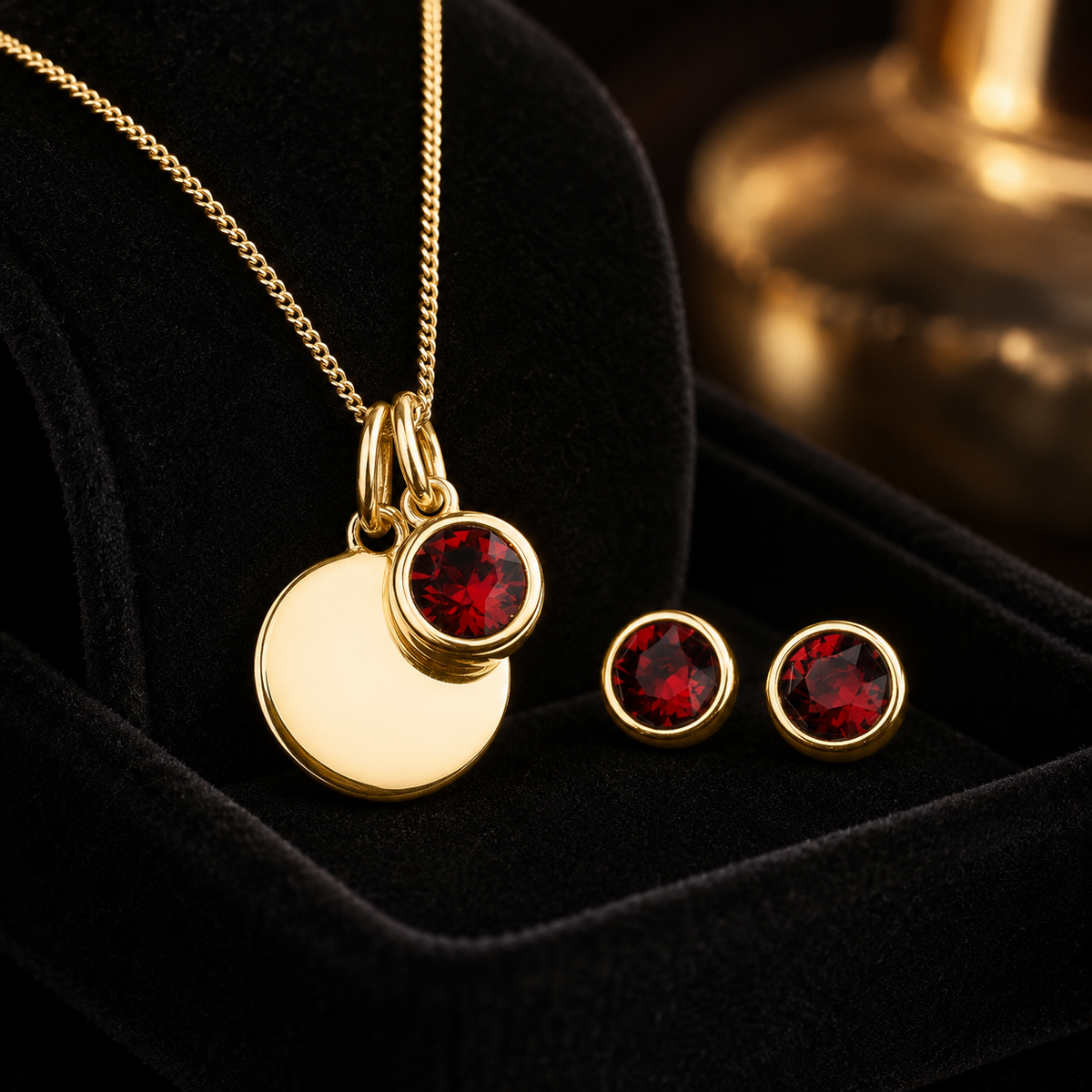 Engravable Solitaire Garnet Pendant and Earrings Set Yellow Gold Plated