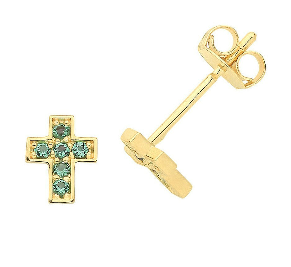 Yellow Gold Emerald Earrings Cross Stud Natural Stone 375 9 Carat New Boxed