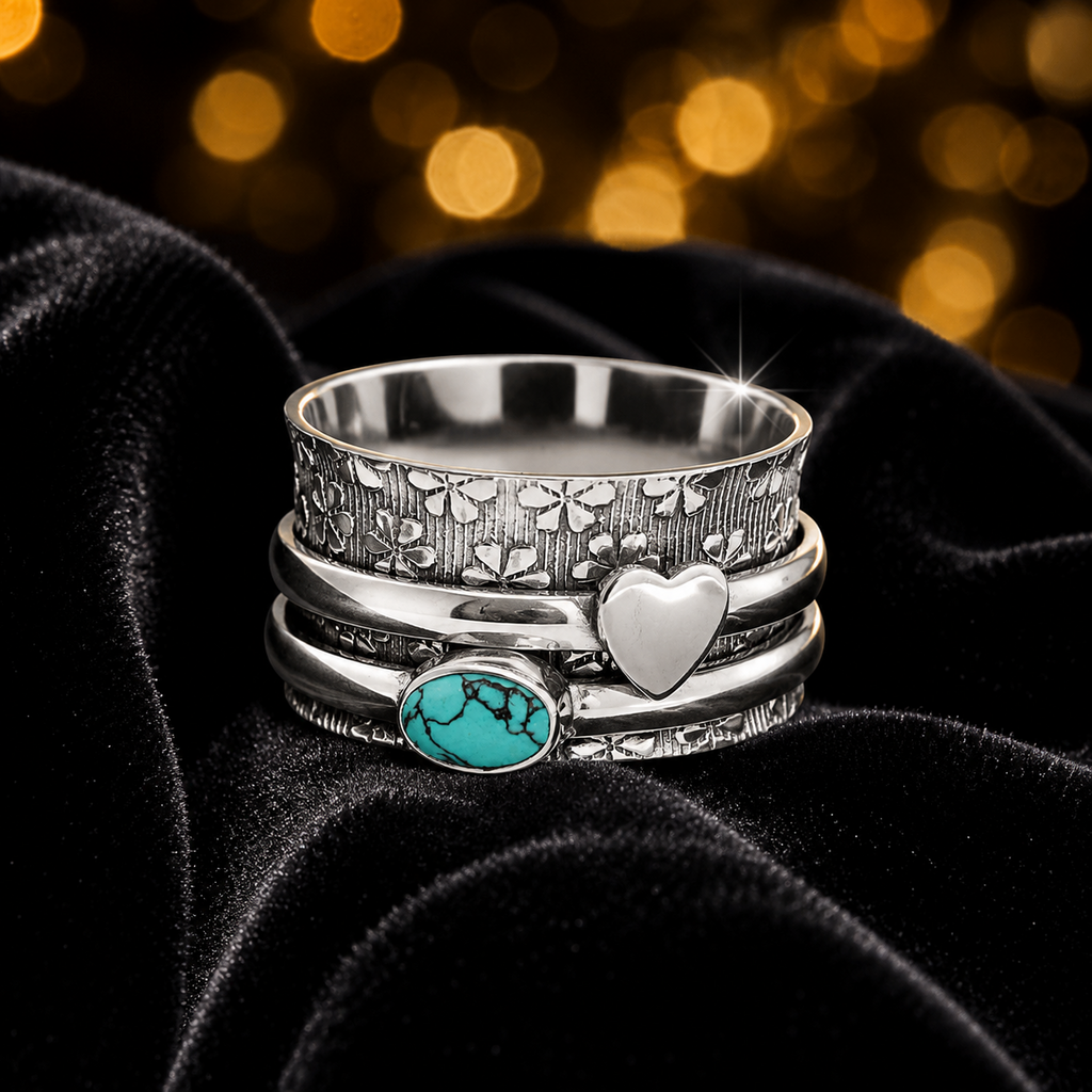 Double Heart Turquoise Spinner Ring Sterling Silver 925 Hallmarked Size K - T