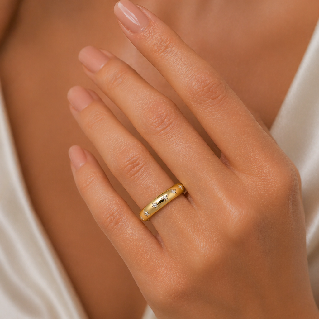Star Dome Ring 9ct Yellow Gold Hallmarked Sizes L - S British Made