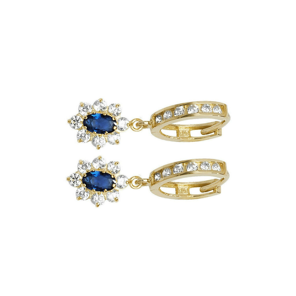 Yellow Gold Sapphire Earrings Drop Hoops Natural Stone 375 9 Carat New Boxed