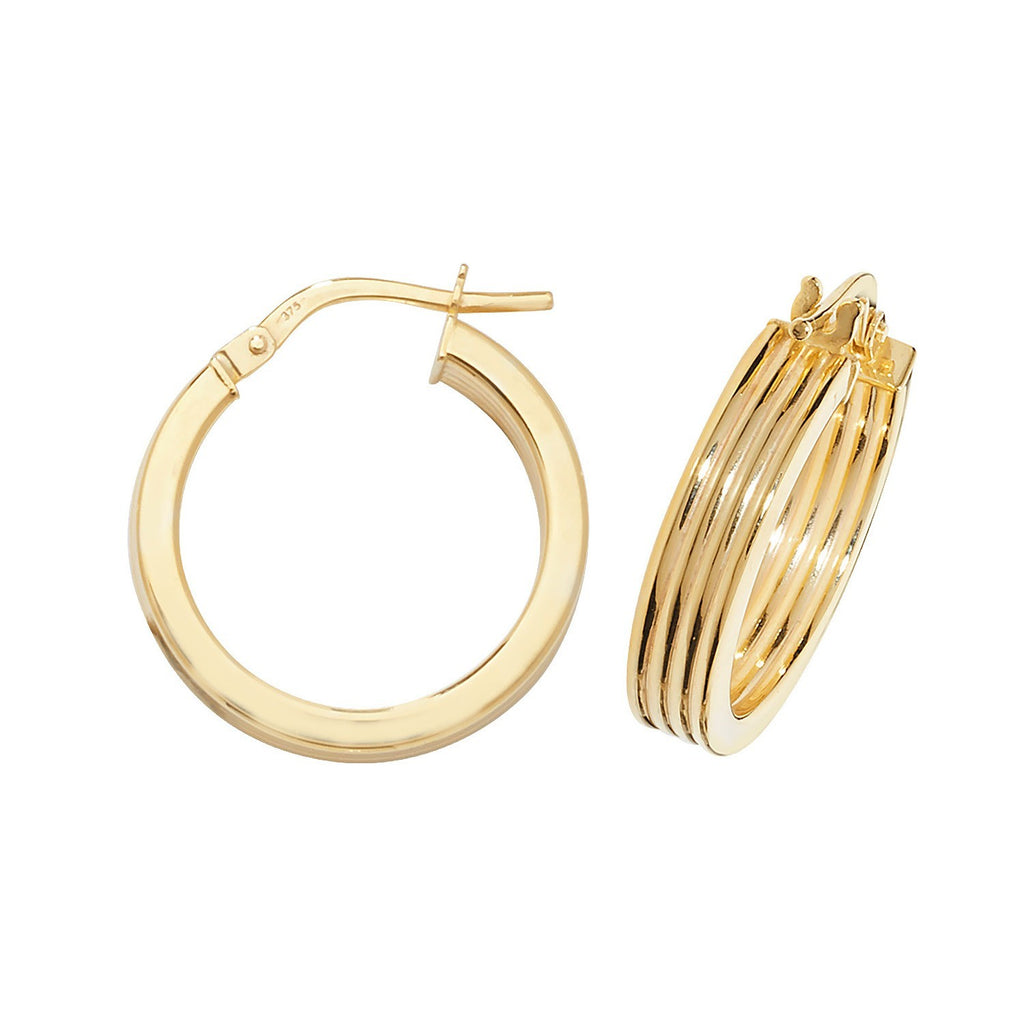 9ct Yellow Gold Grooved Hoop Earrings 375 Hallmarked 10mm - 50mm Diameter