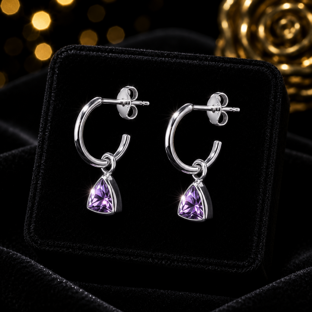Trillion Amethyst Hoop Earrings Sterling Silver 925 Hallmarked Brand New Boxed
