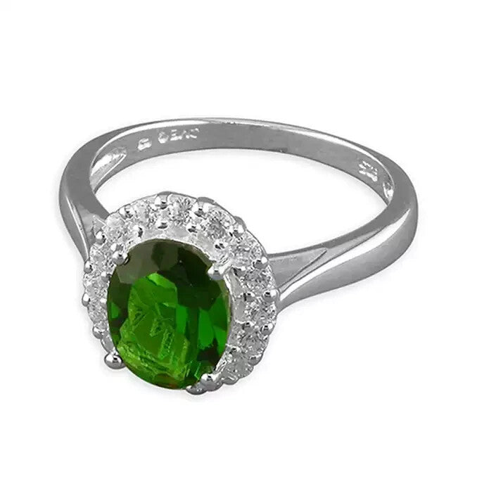 Oval Halo Emerald Ring Sterling Silver 925 Hallmarked British Made Size L - S