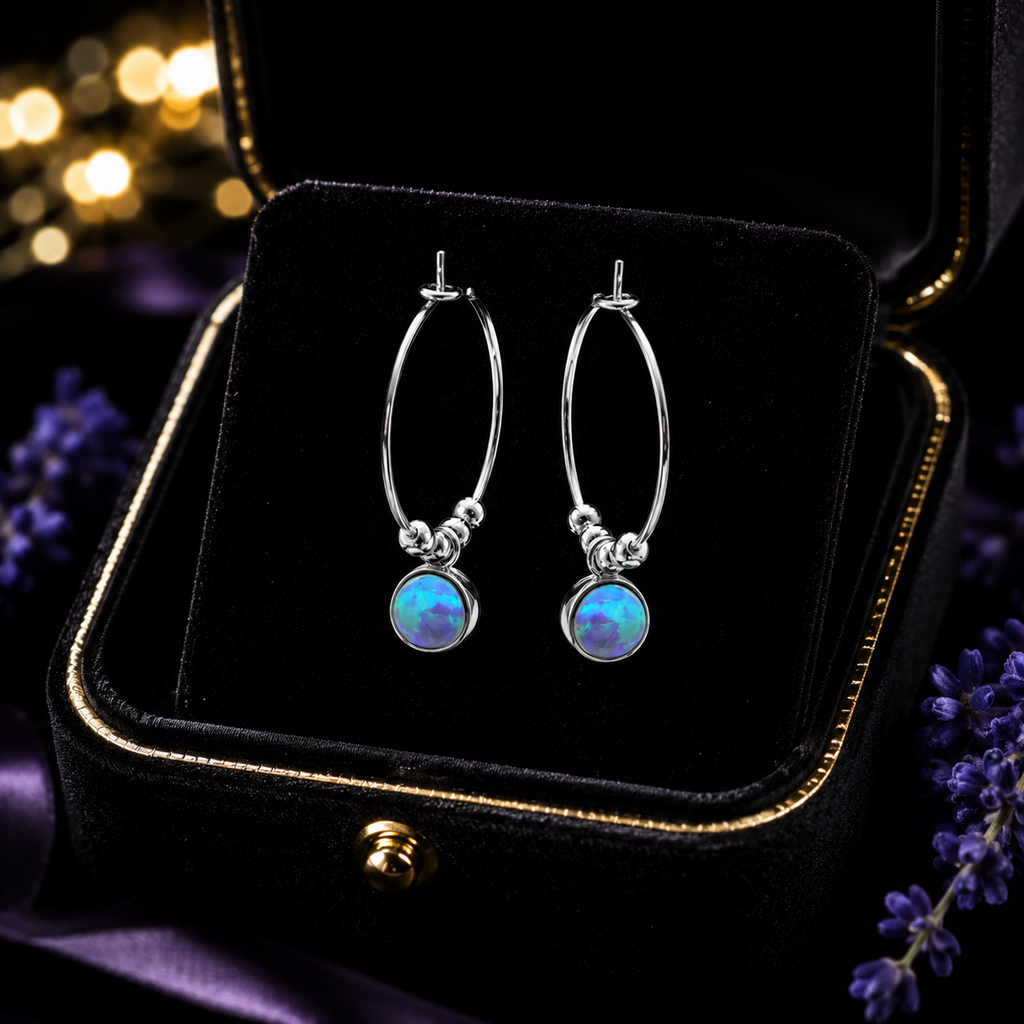 Angelica Blue Opal Hoop Earrings Sterling Silver 925 Hallmarked Brand New Boxed